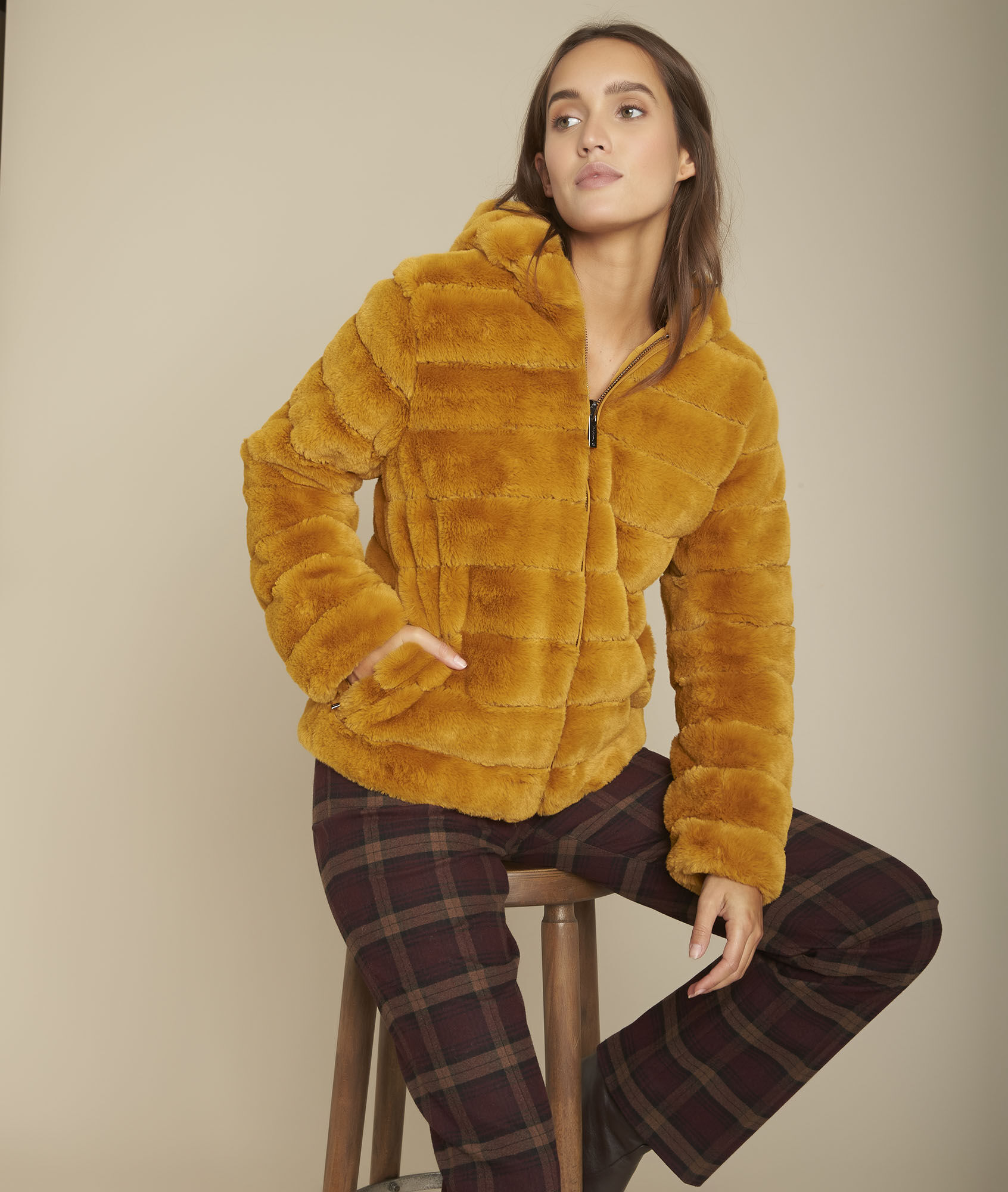 long ochre faux fur coat