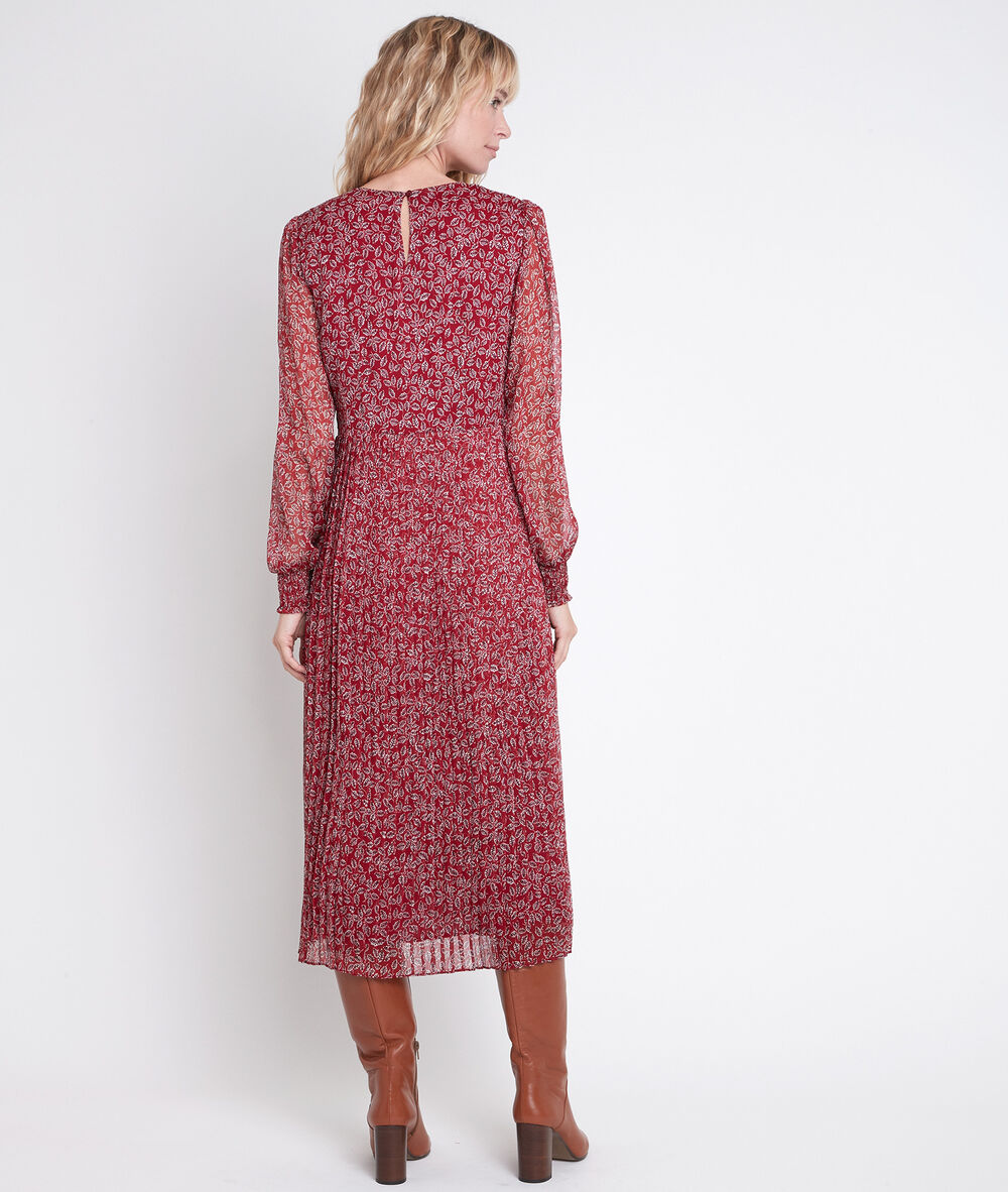 Caresse floral print pleated red dress. bourgogne.