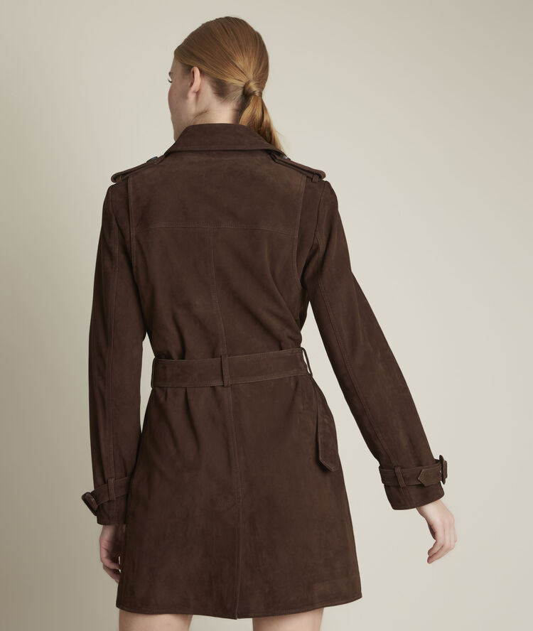 Qleo ebony suede leather trench coat greige.