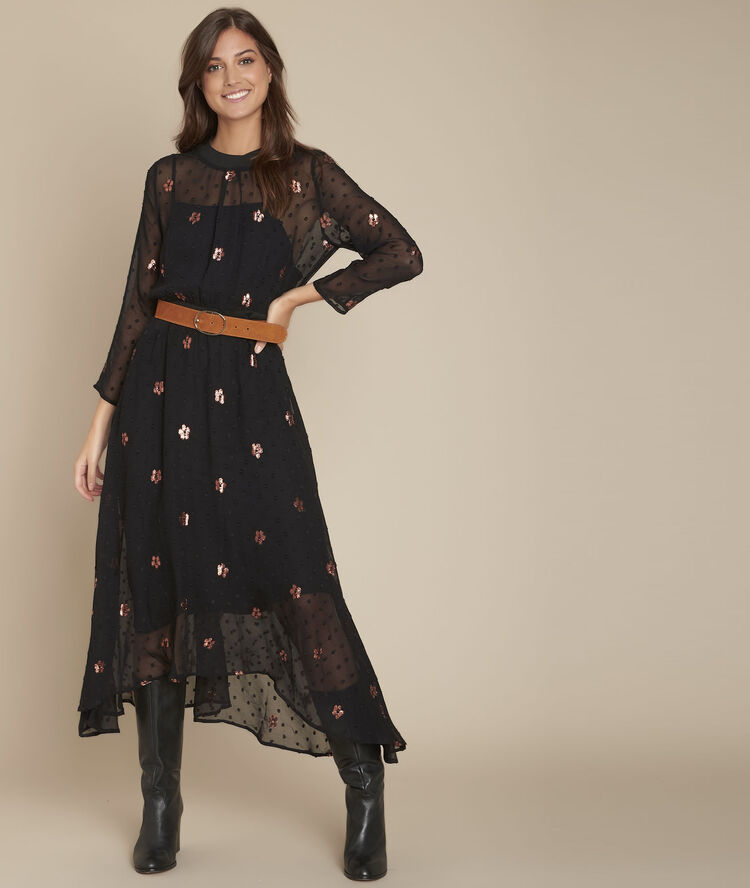 Rosalie embroidery and plumetis dress. black.