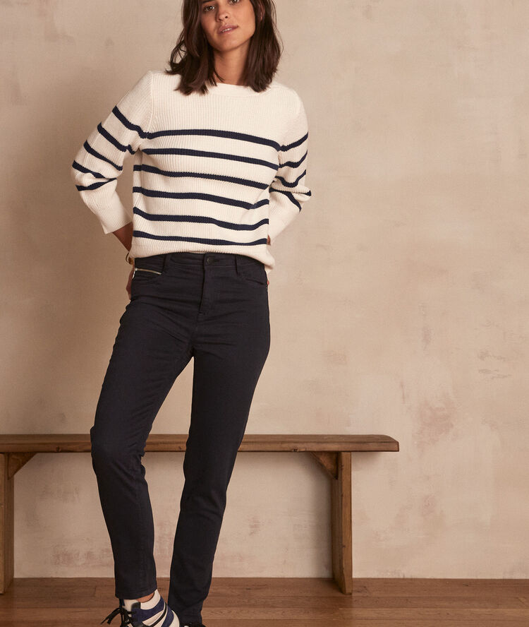 The iconic sultan navy slim-fit cotton satin trousers navy blue.