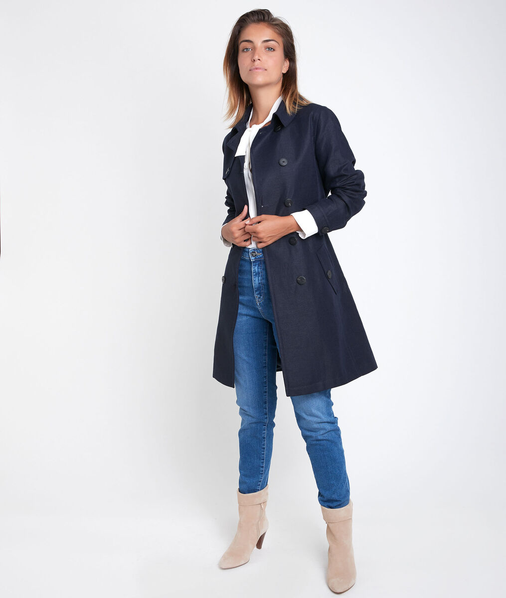 Sadao navy linen and cotton trench coat | 1-2-3 Sadao navy linen and cotton trench coat PhotoZ | 1-2-3