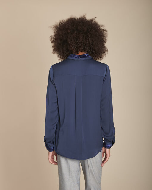 Maya navy satin shirt with velvet collar navy.