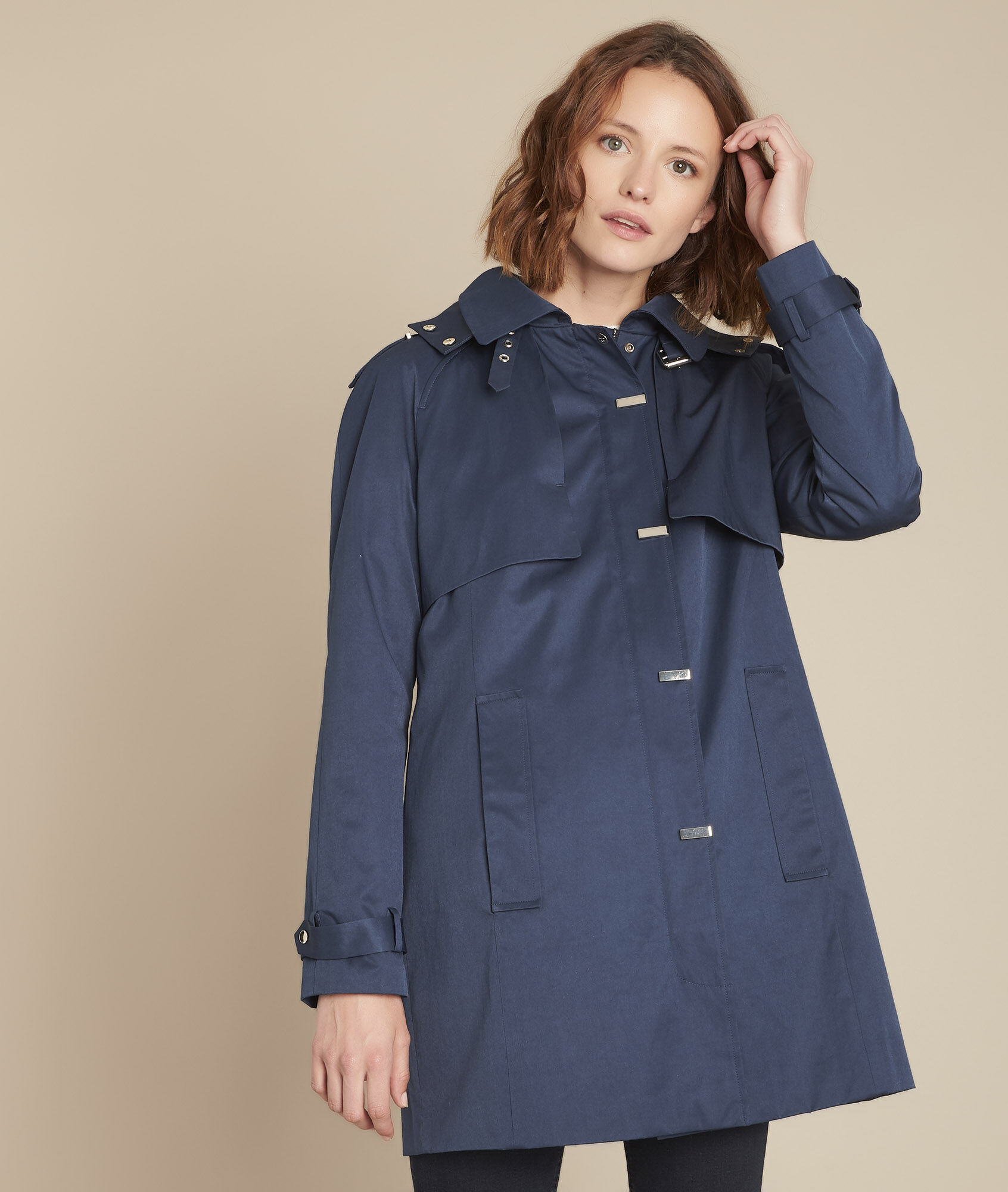 navy blue trench coat with hood