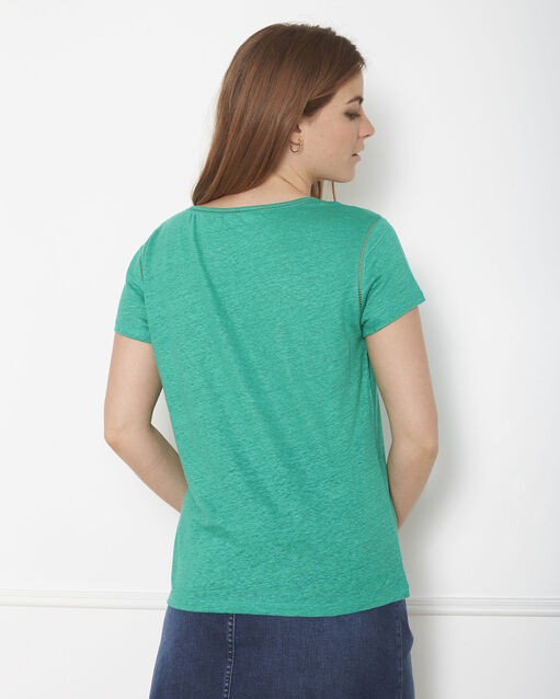 Pin green t-shirt with ladder stitch detail apple.