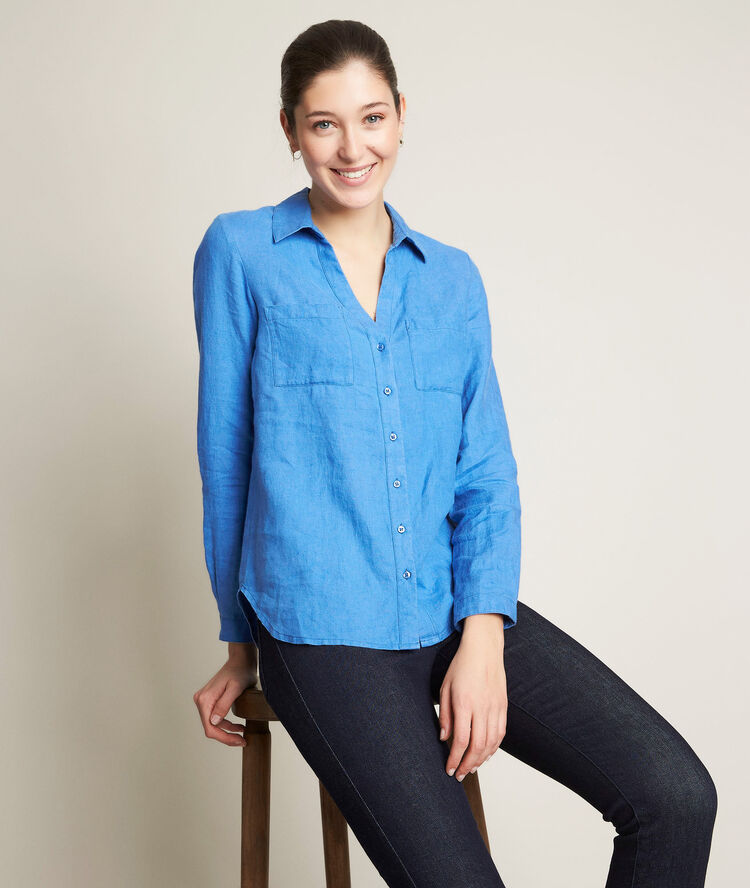 Evolie blue linen shirt blackcurrant.