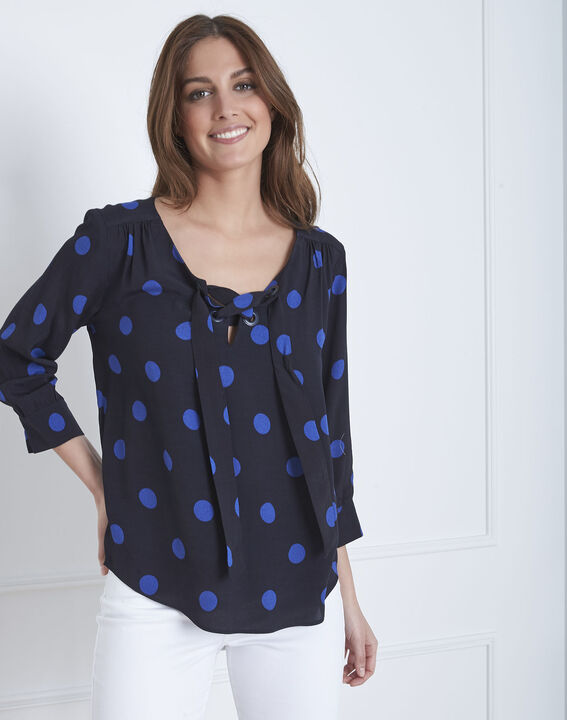Versailles navy polka dot blouse with eyelet neckline | 1-2-3 Versailles navy polka dot blouse with eyelet neckline PhotoZ | 1-2-3