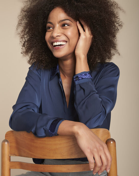 Maya navy satin shirt with velvet collar PhotoZ | 1-2-3