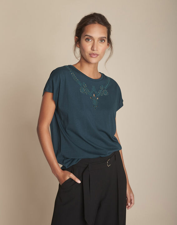 Chypre dark green T-shirt with embroidered openwork details at the neckline | 1-2-3 Chypre dark green T-shirt with embroidered openwork details at the neckline PhotoZ | 1-2-3