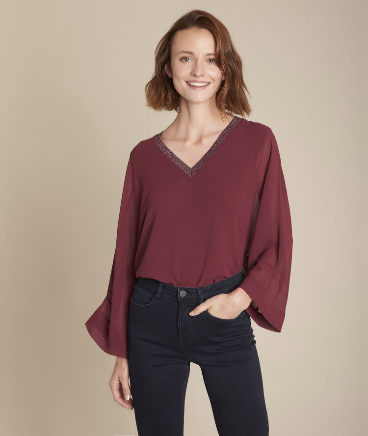 Mara pomegranate shiny v-neck blouse dark red.
