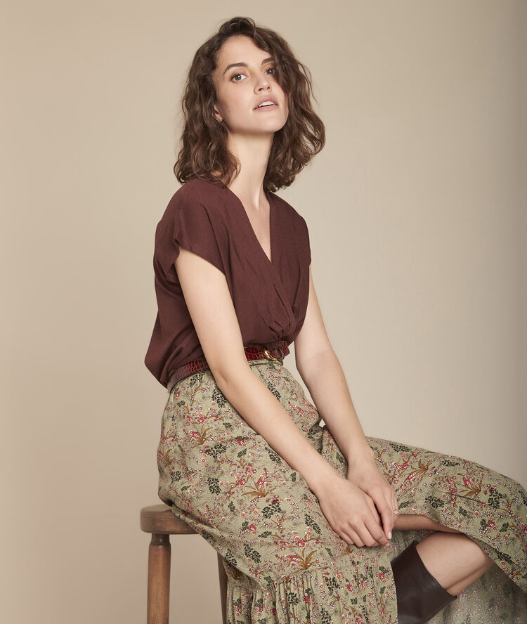 Carine brown pleated wrap-over-style t-shirt dark brown.