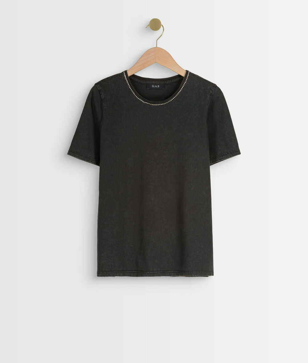 Inox anthracite organic cotton T-shirt with rhinestone neckline PhotoZ | 1-2-3