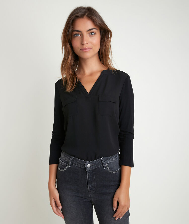 Genna black v-neck dual fabric blouse black.