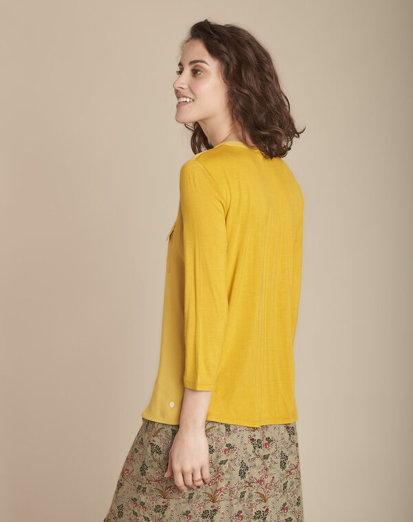 Genna lime green v-neck dual-fabric blouse aniseed.