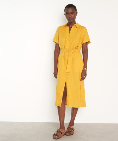 Nida yellow certified linen midi shirt dress PhotoZ | 1-2-3