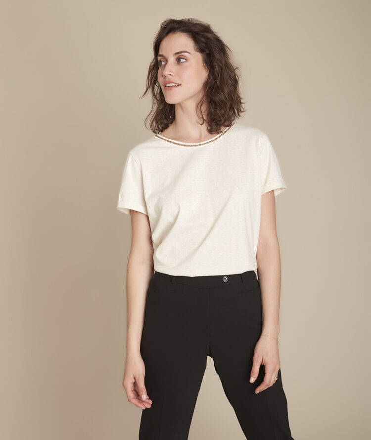 Clara beige lurex neckline t-shirt grey/ white.