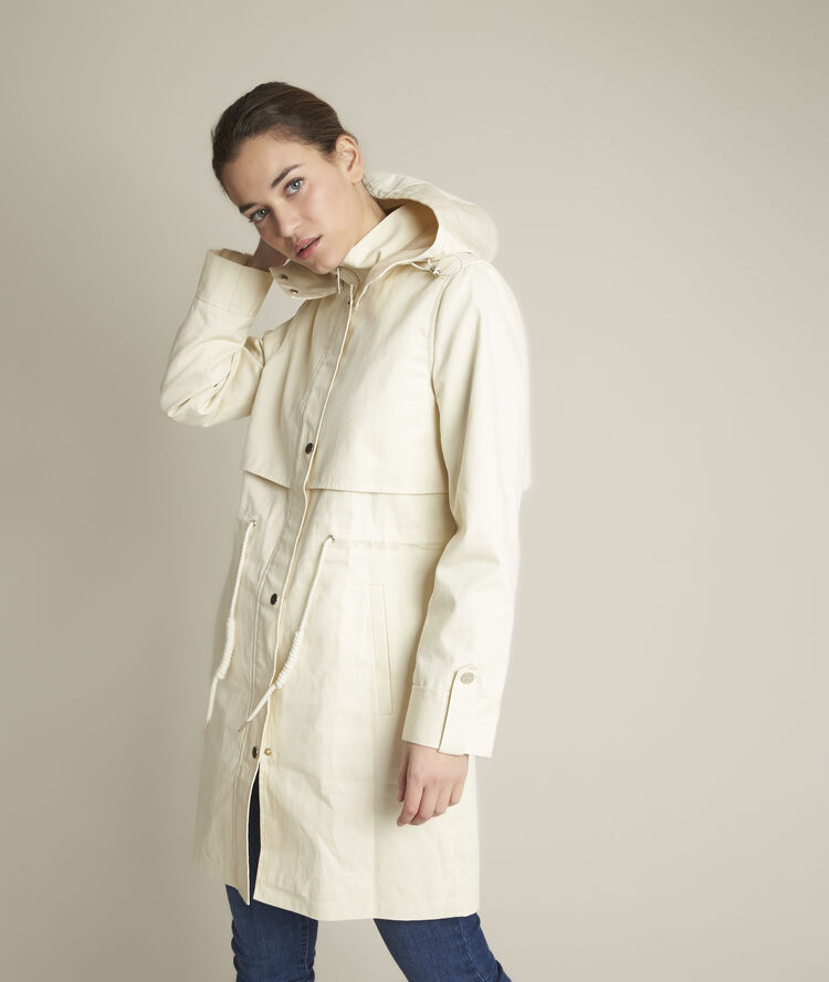 Fanelly water repellent hooded trench coat string.