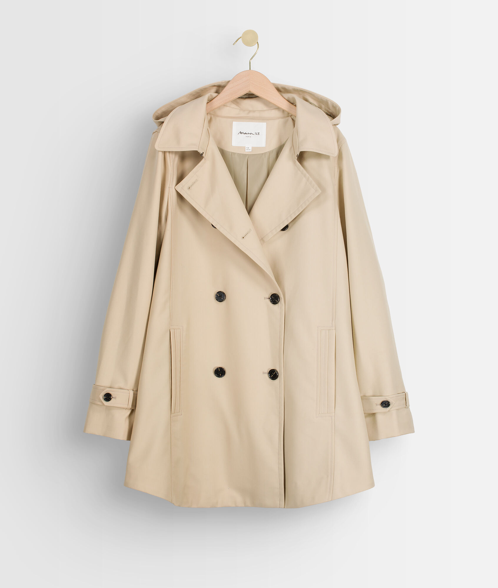 beige trench coat with hood