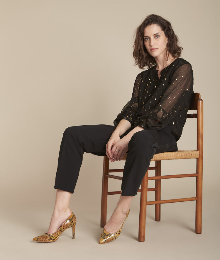 Melissa black gold-tone foil printed blouse black.