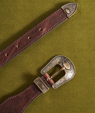 EMMA chocolate patent leather Western buckle belt PhotoZ | 1-2-3