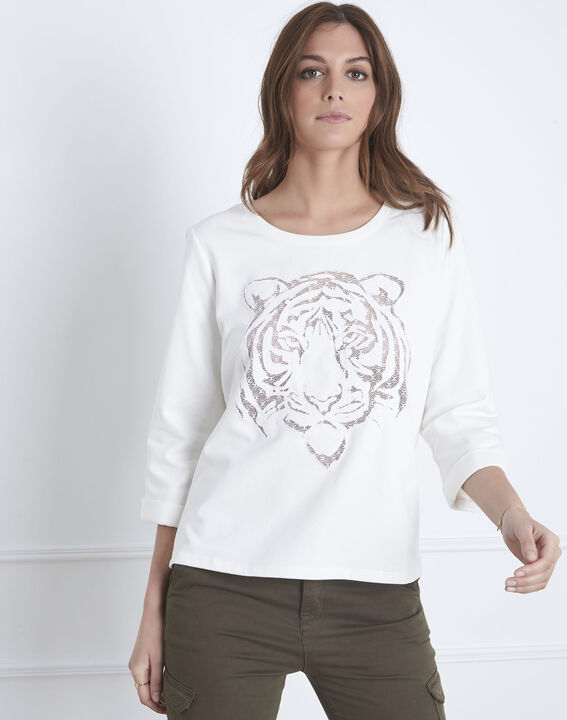 Pondichéry ecru pullover with tiger head and see-through details | 1-2-3 Pondichéry ecru pullover with tiger head and see-through details PhotoZ | 1-2-3
