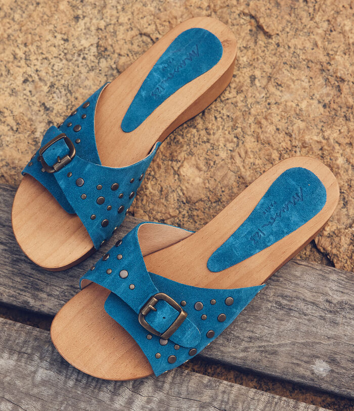 Via blue wood and leather mules PhotoZ | 1-2-3