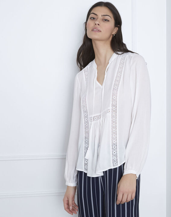 Viviana ecru lace blouse with striped detail | 1-2-3 Viviana ecru lace blouse with striped detail PhotoZ | 1-2-3
