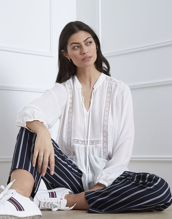 Viviana ecru lace blouse with striped detail | 1-2-3 Viviana ecru lace blouse with striped detail PhotoZ | 1-2-3