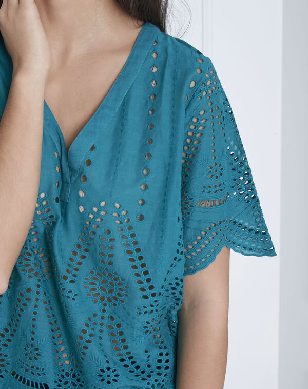 Voltaire green eyelet embroidered blouse turquoise.