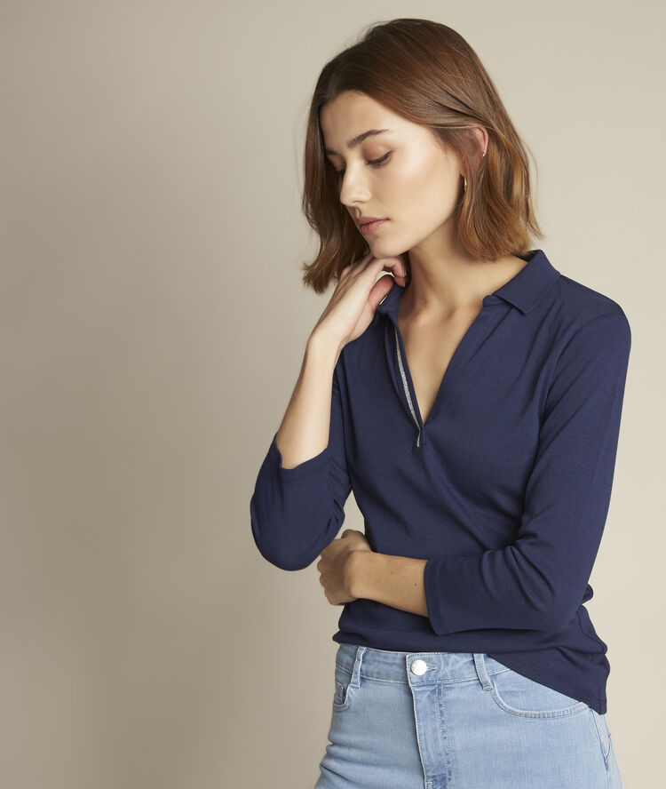 Roseau navy blue polo shirt with lurex detail ink.