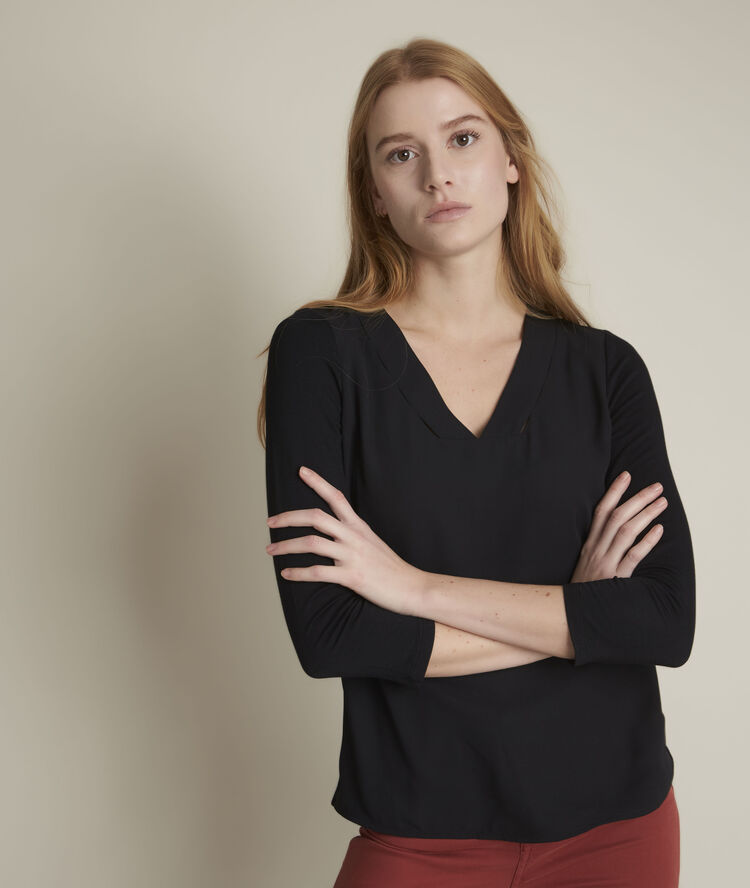 Eliott black top in two fabrics black.