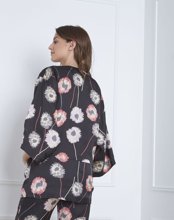 Flore satin-effect black floral print kimono black.