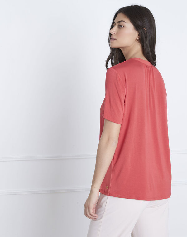 Viola navy blouse with laced neckline raspberry.