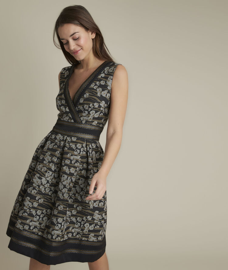 Orange jacquard corolla dress black.