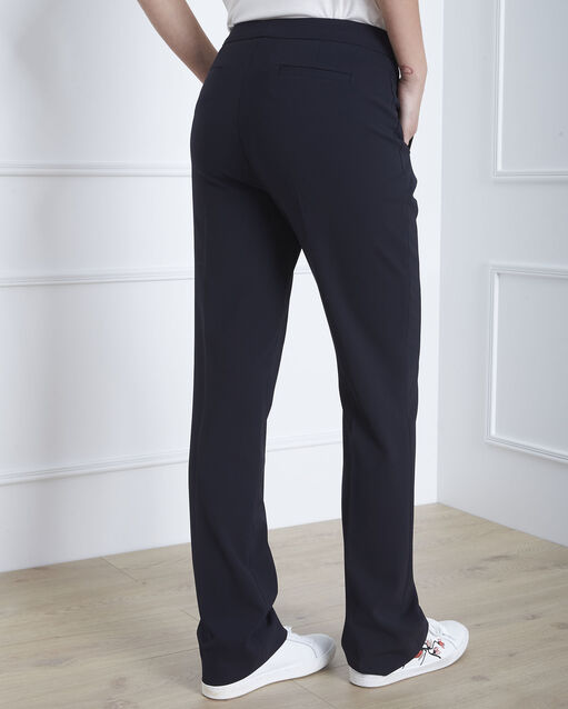Hugo navy microfibre straight cut trousers with buttoned waistband navy.