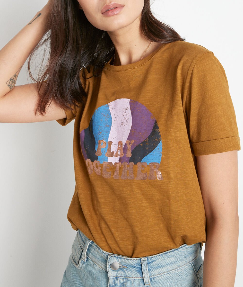 Maxine ochre cotton T-shirt with slogan PhotoZ | 1-2-3