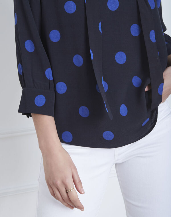 Versailles navy polka dot blouse with eyelet neckline navy.