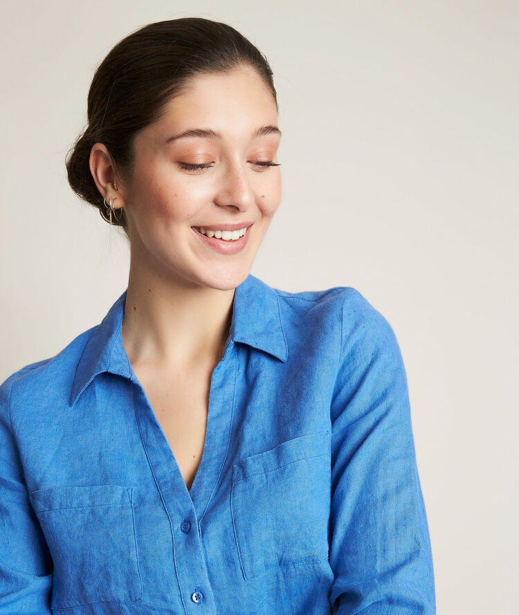 Evolie blue linen shirt blackcurrant.