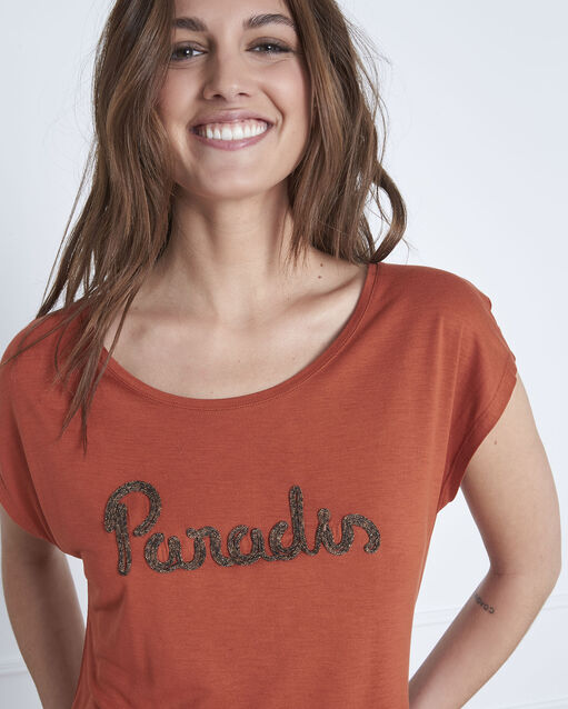 Round collared orange pippa t-shirt terracotta.