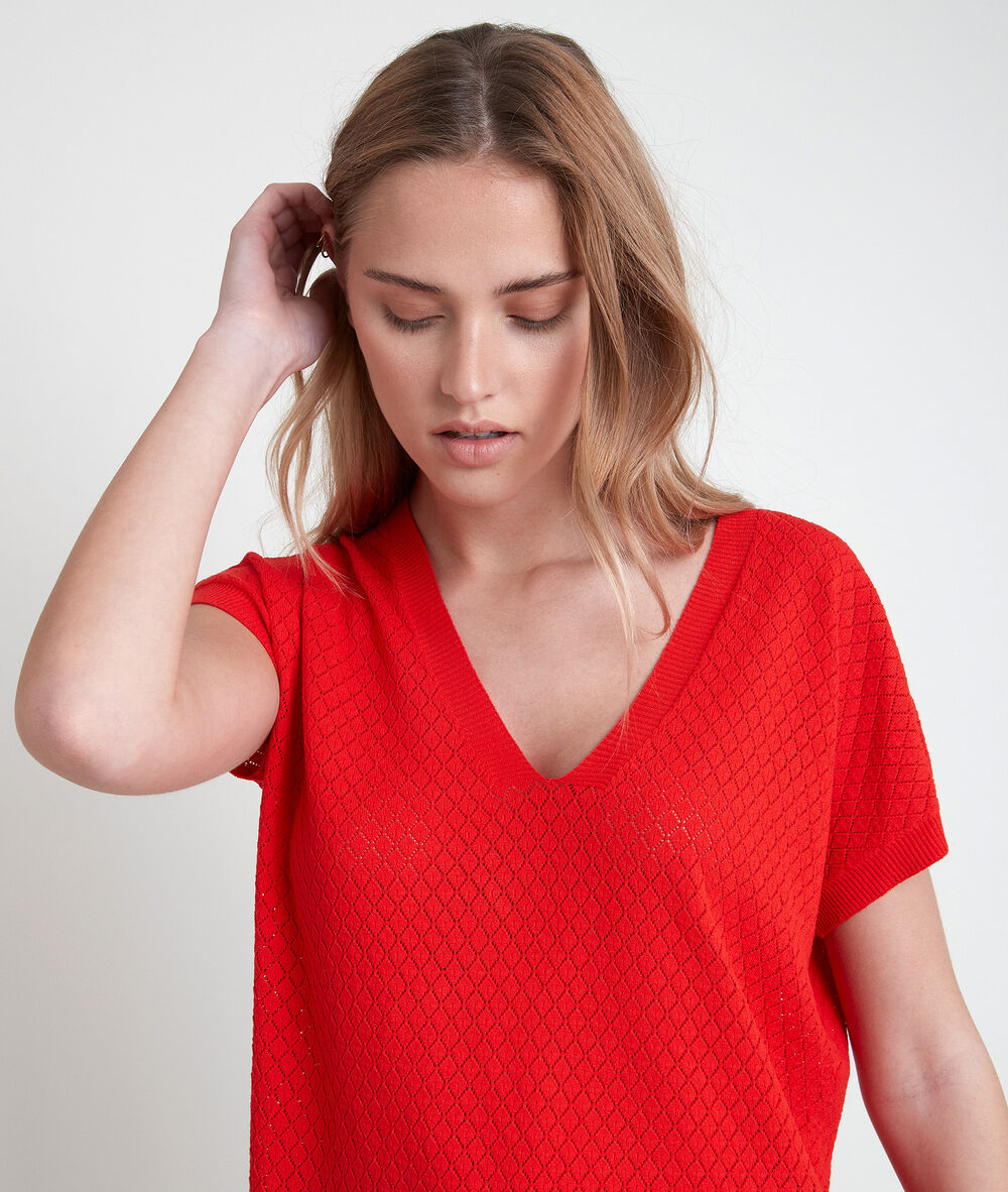 Aline guava-coloured openwork viscose ecovero® jumper goyave.