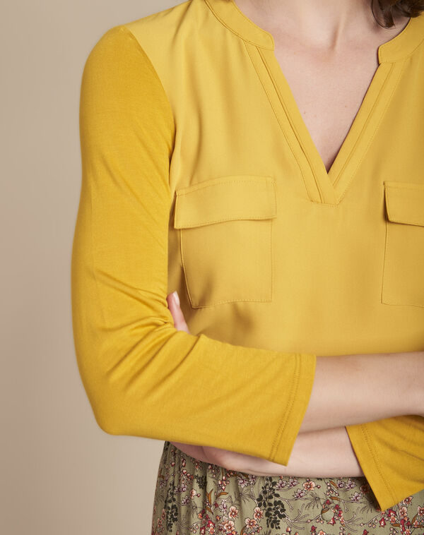 Genna lime green v-neck dual-fabric blouse aniseed.