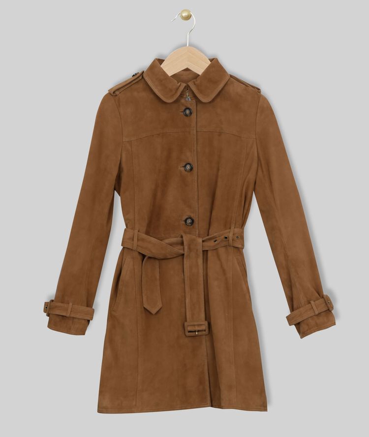 Qleo tan suede leather trench coat greige.