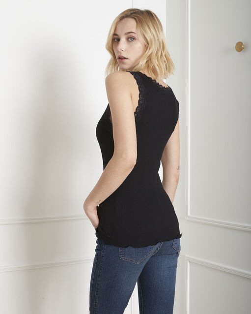Guest black silk and cotton tank top with lace neckline black.