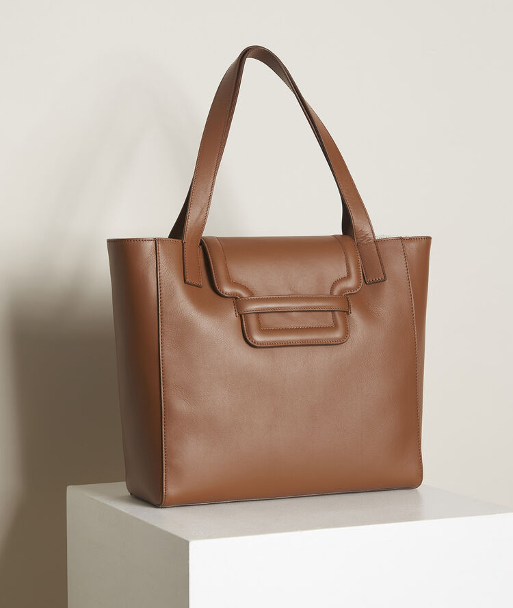 The reversible leather and linen tote bag greige.