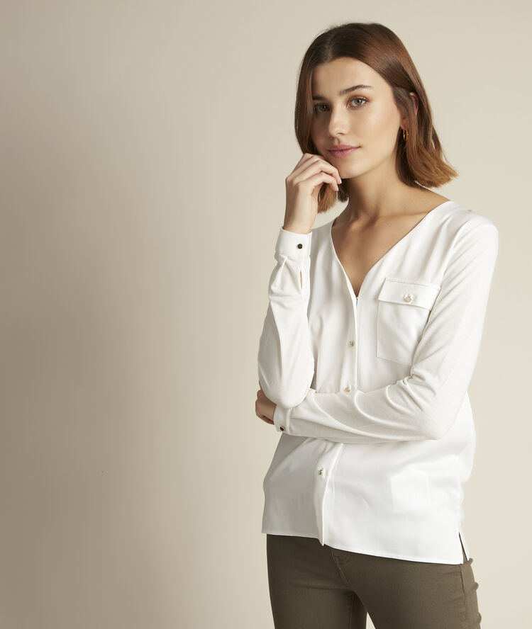 Rachel dual-fabric button-down top ecru.