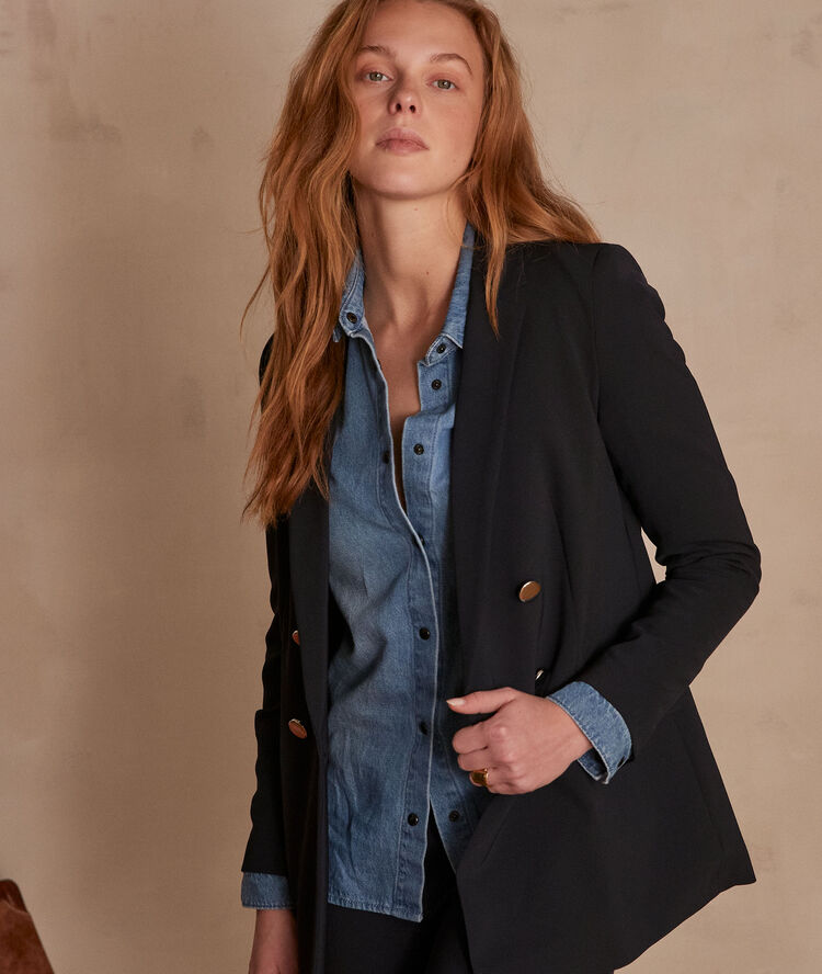 Florine long microfibre jacket navy blue.