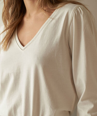 Margot white cotton V-neck T-shirt with 3/4-length sleeves PhotoZ | 1-2-3