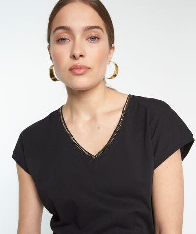 Myrtille black T-shirt with woven V-neck PhotoZ | 1-2-3