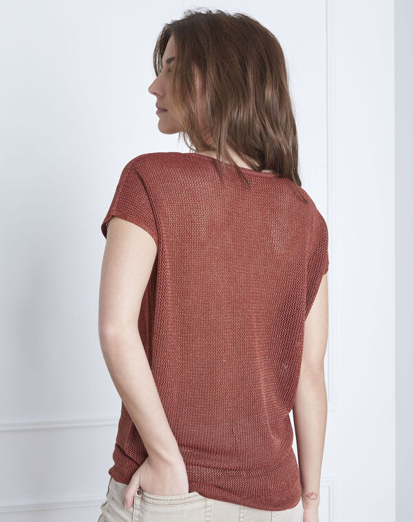 Beige sweater with amande lurex v-neck terracotta.