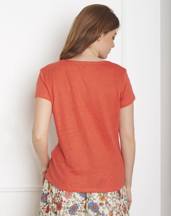 Pin orange t-shirt with ladder stitch detail geranium.